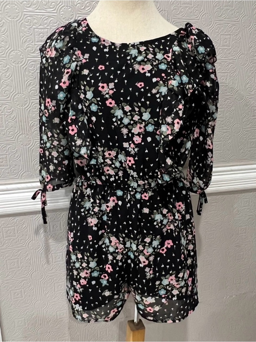 Justice Girls Black Pink Green Floral Chiffon Ruffle 3/4 Sleeve Romper Size 16